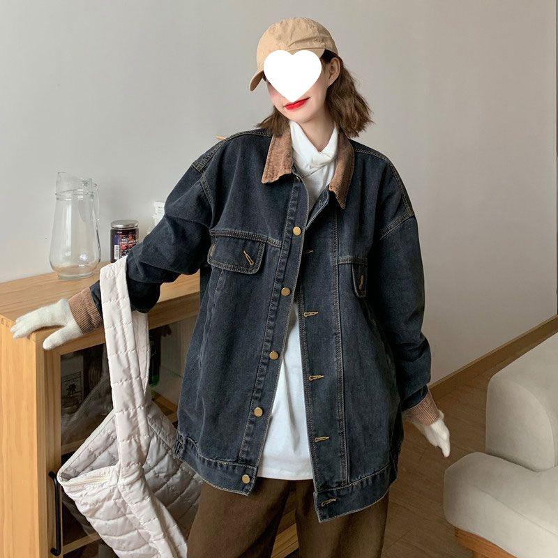 

Trendy Retro Denim Jacket for Women - Autumn/Winter Loose Fit, Versatile Style S (for 85-100 jin) темно-серого