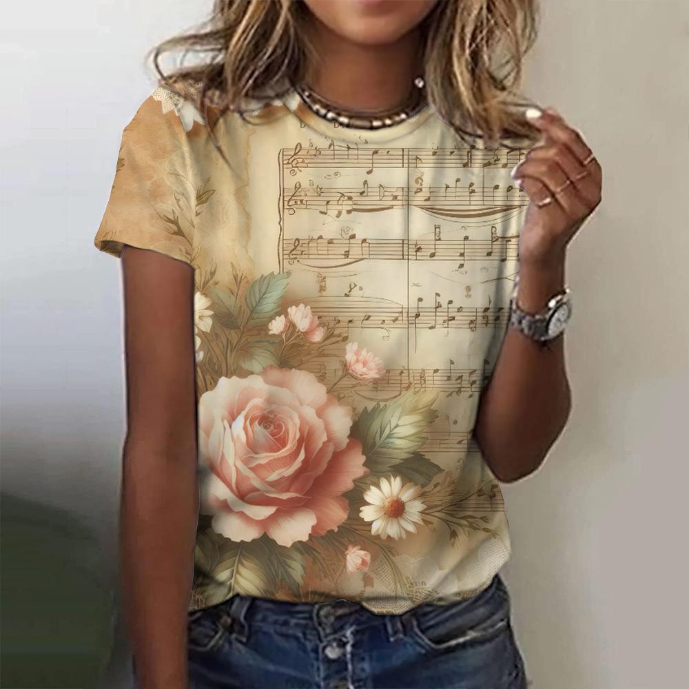 Summer Women's Rose Y2K Pattern Short Sleeve Summer Crew Retro T-shirt