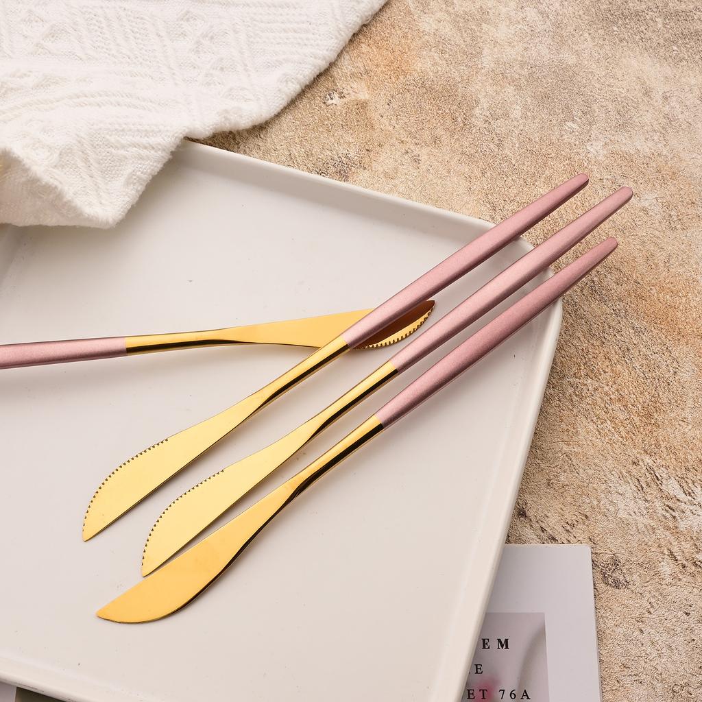 Set di posate con manico rosa da 30 pezzi, Servizio di posate in acciaio inossidabile per 6 persone, Coltelli, forchette, cucchiai moderni, Lucidatura a specchio