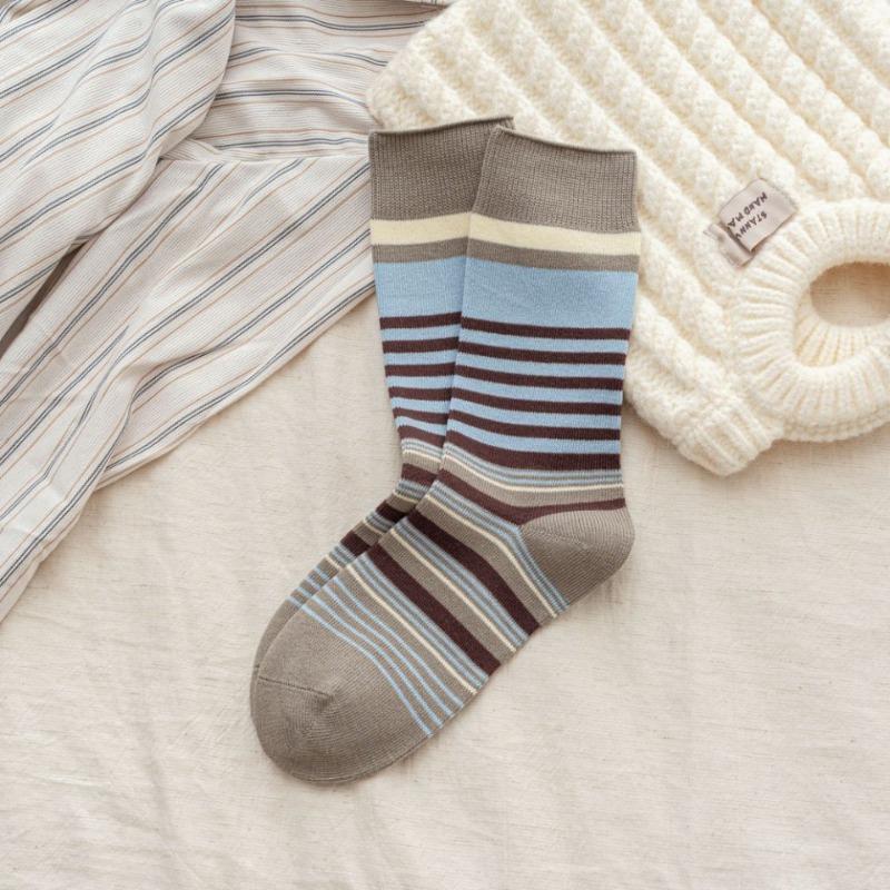 Retro Color-blocking Striped Mid-calf Socks for Women, Breathable Autumn and Winter Birken Shoes, Double-needle Pile Socks