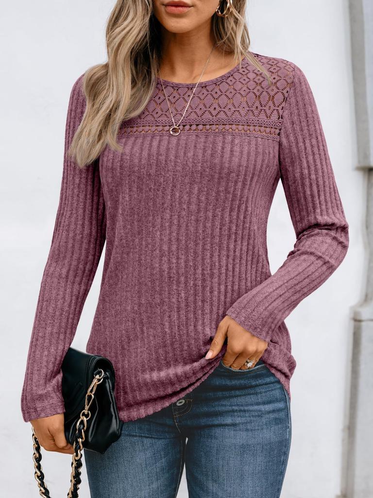 Casual Pullover Ribbed Loose Hollow-out Long-sleeved T-shirt Top