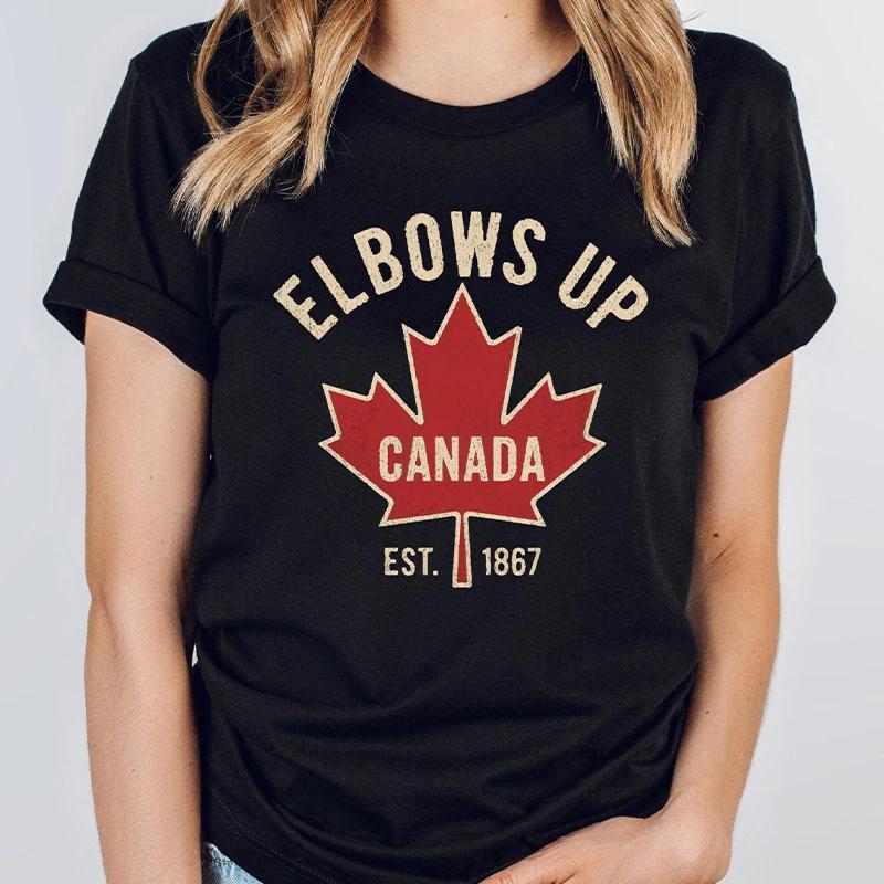 Elbows Up Canada Women T-shirt Summer Casual Funny Retro Maple Leaf Graphic Y2k Tops O Neck Short Sleeve Tees Female Clothing