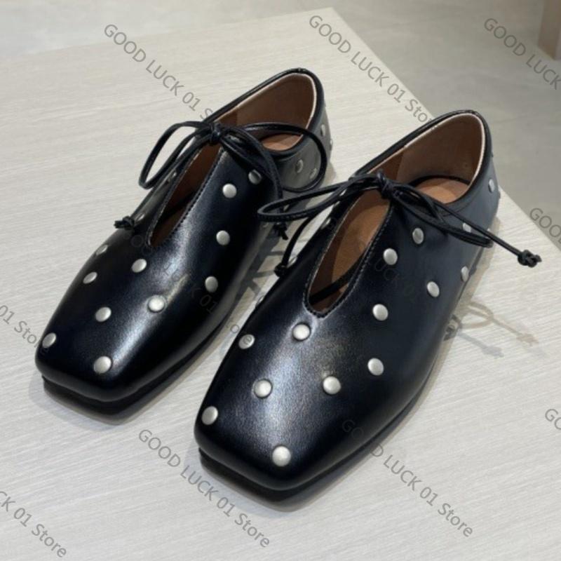 Fashion Ins style Rivet Soft Leather Women Ballet Flats Fashion Square toe Hollow out Lace-up Walking Loafers Casual Lazy Dance Shoes