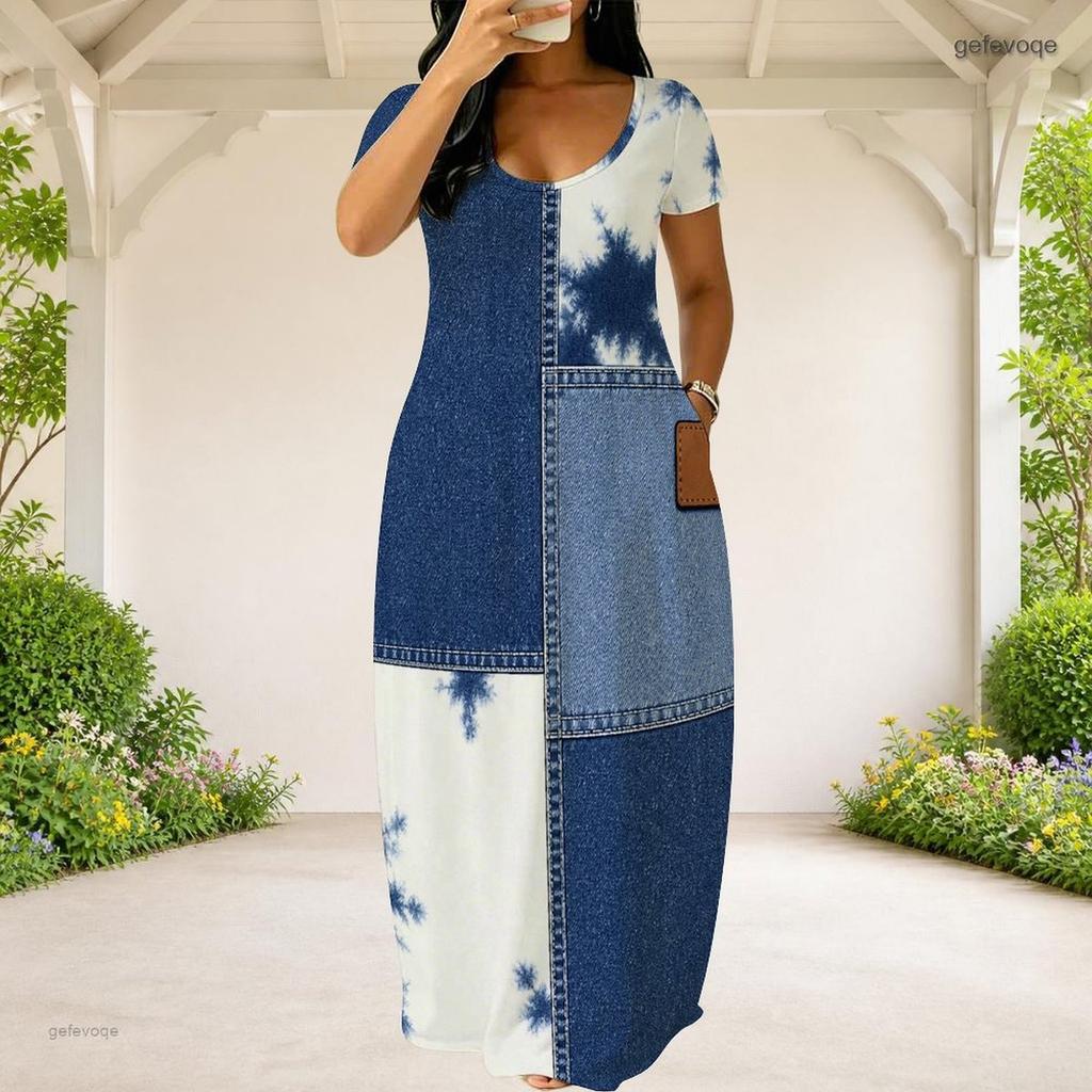 Women Plus Size Round Neck Short Sleeve Blue White Printed Loose Maxi Dress With Side Pockets