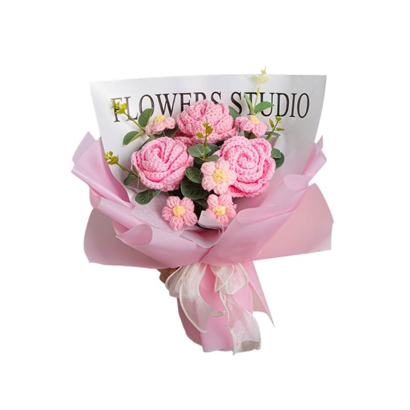 Häkelblumen-Sträuße mit Lichterkette und Geschenktüte Handgefertigte Gestrickte Sträuße Künstliche Rose für Muttertag Hochzeit