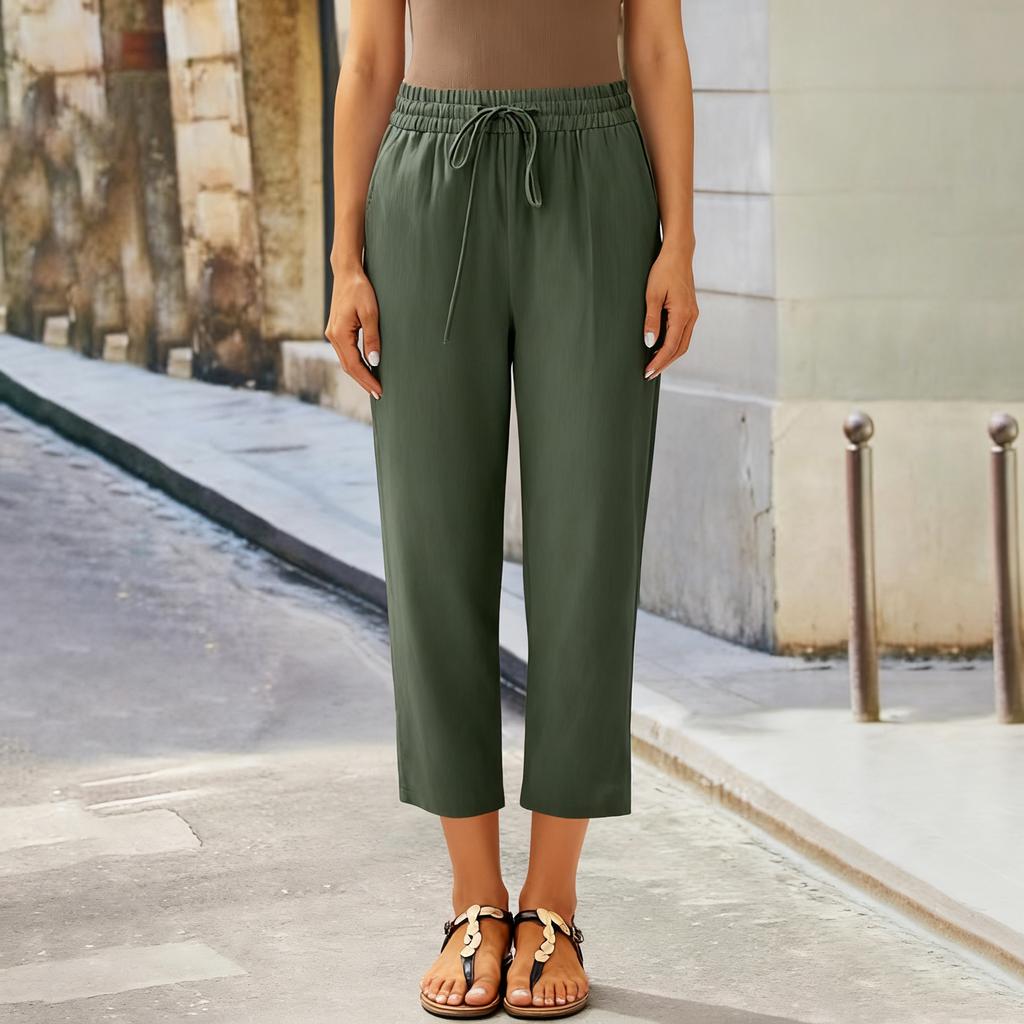 Women's Cropped Pants With Waist Drawstring, Summer Casual Cropped Pants Cotton Cropped Pants