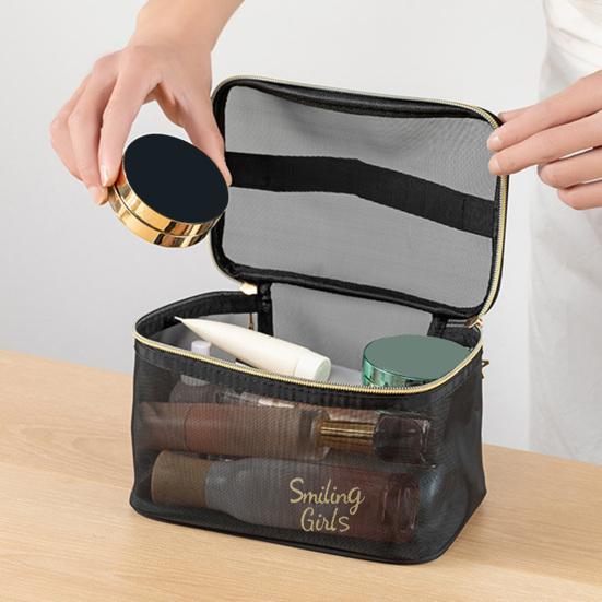 Mesh Cosmetic Bag Visible High Capacity Portable Double Zippers with Handle Storage Multifunctional Travel Mesh Makeup Bag Trip Accessory