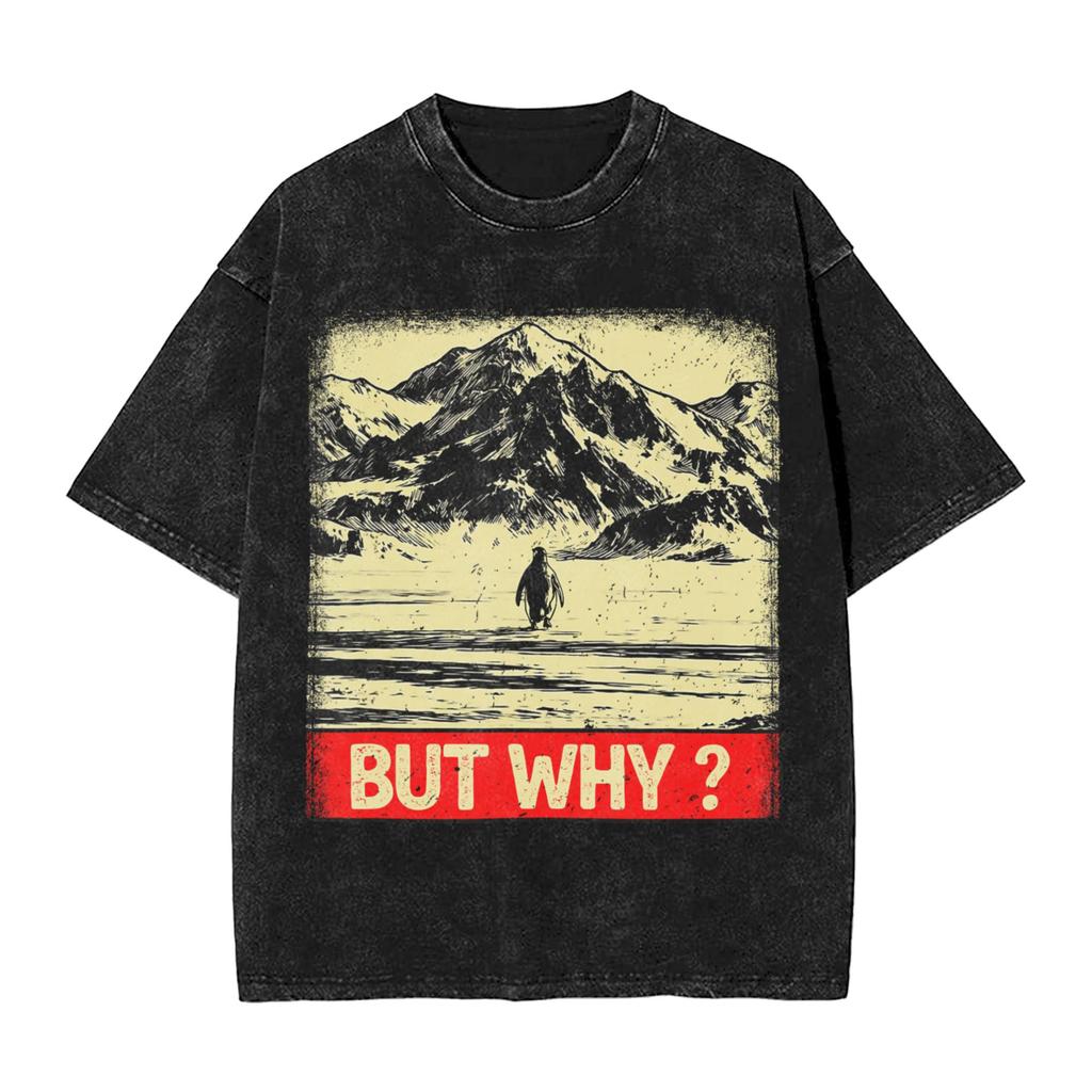 Streetwear Washed Tshirt Lone Penguin Survival But Why Funny Dark Meme Cotton Tshirts Hipster Tshirt Men Beach Y2k Basic Tees