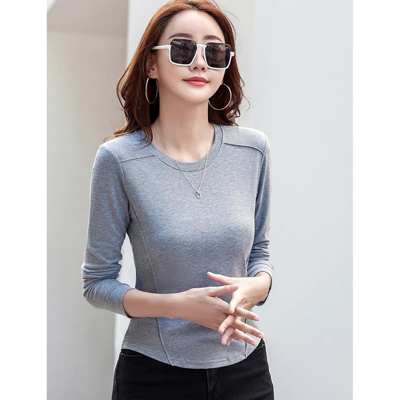 [OKJCON] ladies t-shirt long sleeve spring Plain color casual Fashionable large size (JP, alphabet, L, gray)