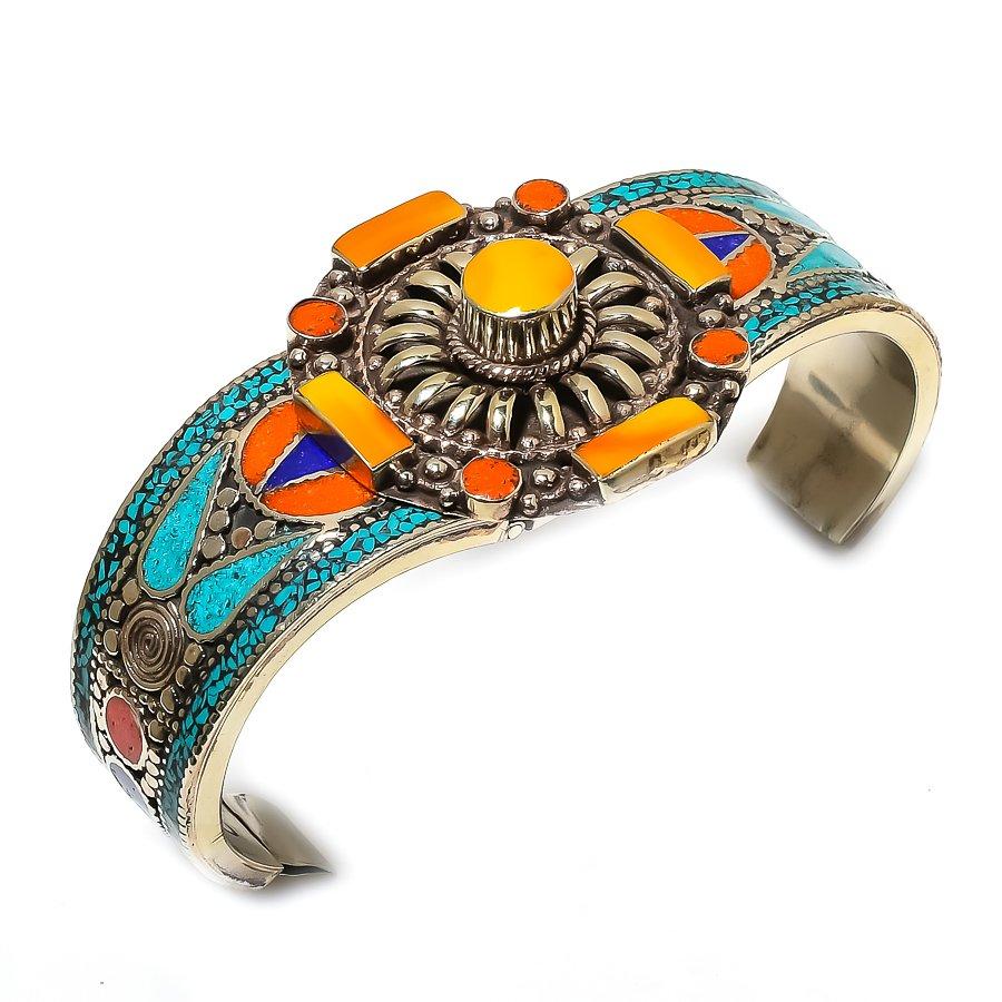 

Tibetan Turquoise, Coral Gemstone Handmade Cuff Bangle Adjustable b9Q38