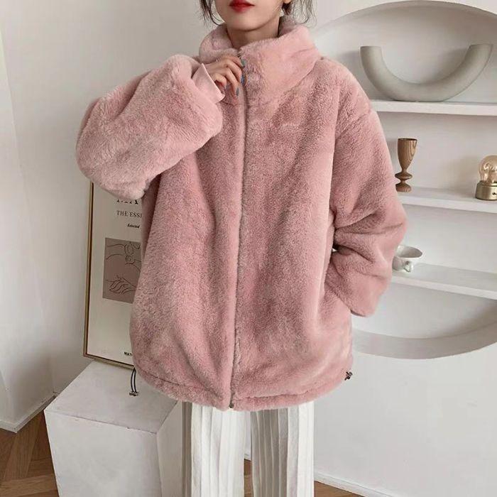Women's Oversized Stand Collar Zip Up Fleece Jacket Double Sided Sherpa Thick Warm Teddy Coat Loose Loungewear Winter Outerwear