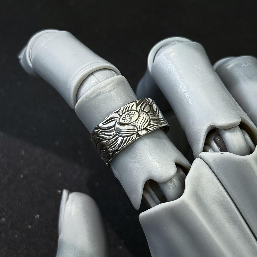 Retro Lotus Heart Sutra Adjustable Open Ring For Men Silver-plated Copper Punk Gothic Edgy Buddhism Accessories Gift