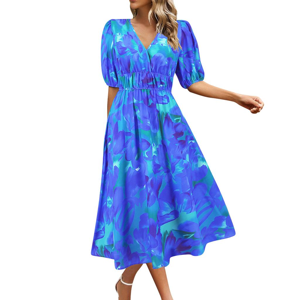 Women's V-Neck Bohemian Print Short Sleeve Dress A-Line Skirt