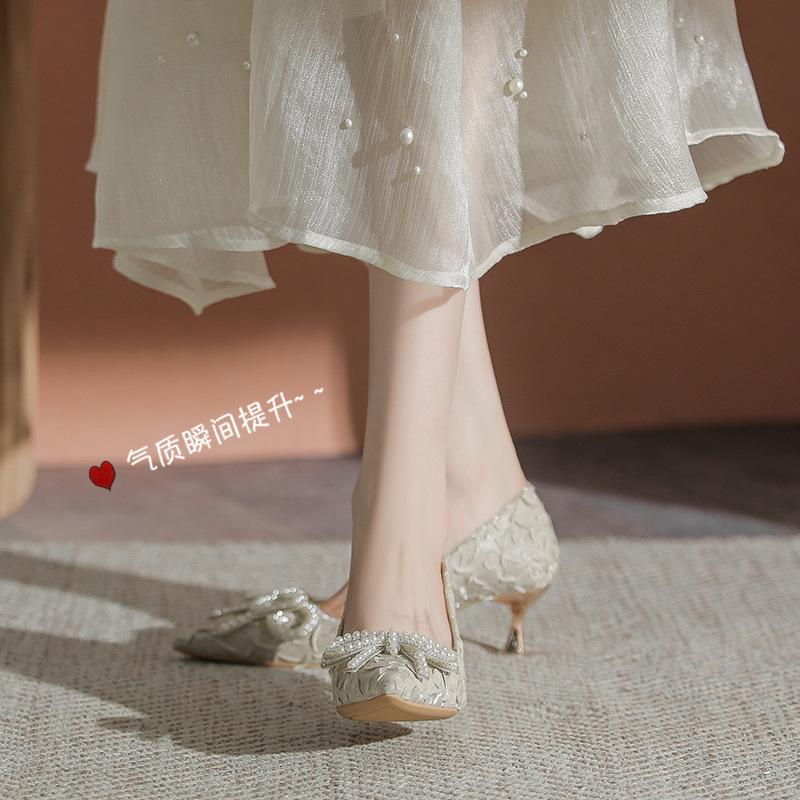 French High Heels Women's New Temperament Socialite Pearl Bow Versatile Not Tired Bride Shoes Wedding Shoes