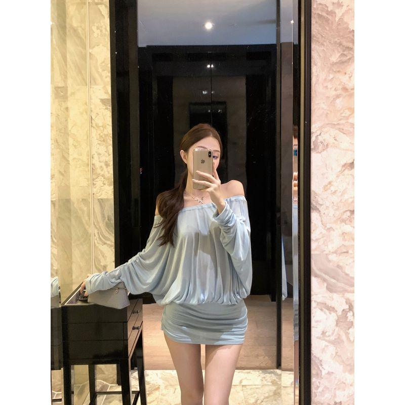 

Kumikumi French style Blue off-Neck Long sleeve dress Women Autumn Temperament Chic off-Shoulder Hip Skirt Short dress Blue Dress M