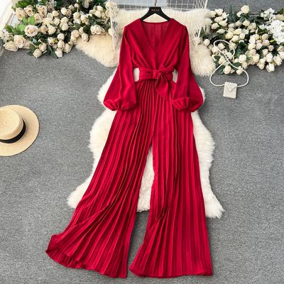 Jumpsuit Women V Neck Puff Sleeve Solid Color Lace-up Pleated Bodysuit Woman Spring Wide Leg Pants Rompers Fashion Dropshipping
