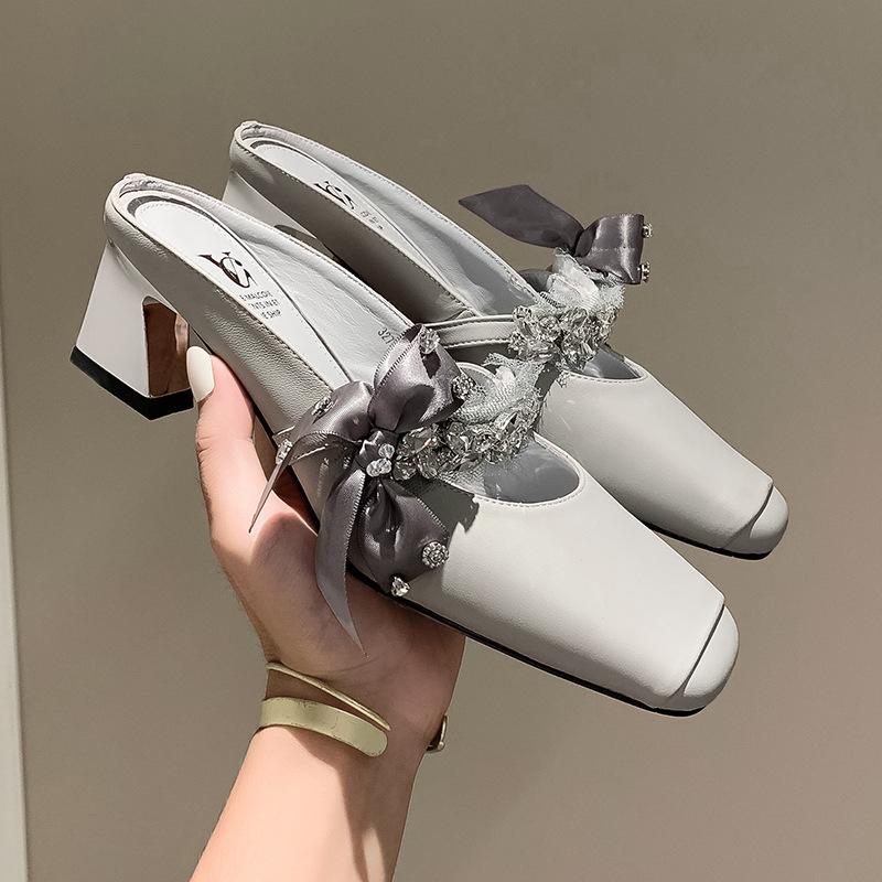 

Summer high-heeled bag head half slippers women s new outer wear bow Mary Jane thick heel square head niche half drag 40 белый