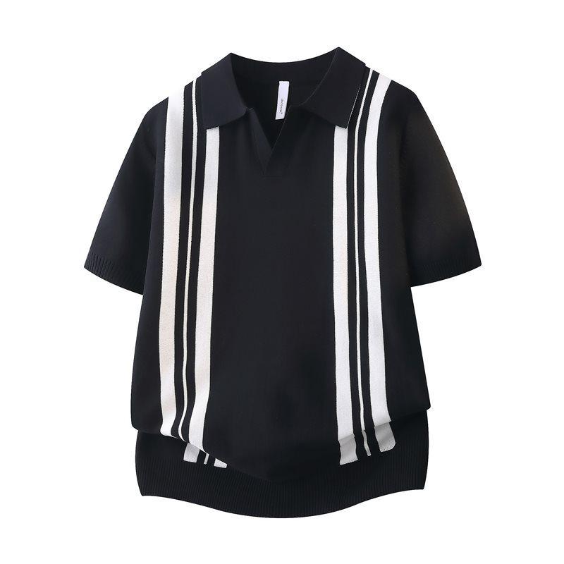 Men s Striped Patchwork Polo Collar Short Sleeve Knit Hoodie Top XL чёрный