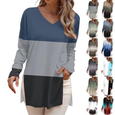 Damenmode Langarmshirts Print Locker sitzende V-Ausschnitt Basic Tops Casual Outfits