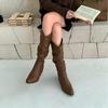 2025 new soft leather tall pleated thick heel female knight but knee small women's boots