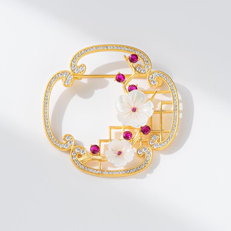 High-End Court Style Copper Zircon Shell Plum Blossom Brooch for Qipao
