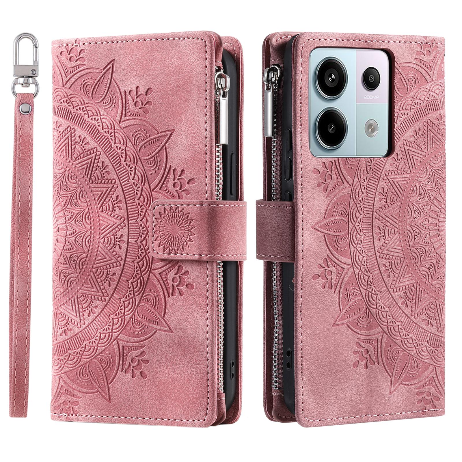 

For Xiaomi Redmi Note 13 Pro 5G/Poco X6 5G Phone Case Flower Pattern Leather Flip Cover Rose Gold