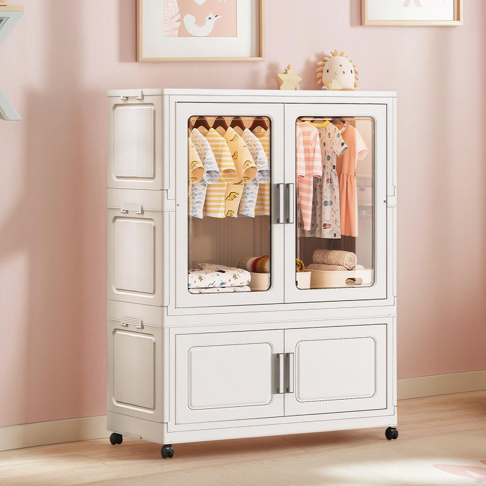 Mobile Wardrobe Clothes Organizer with Haging Rod & Cabinet Clothing Storage Shelf with Wheels Wardrobe Closet Rack for Bedroom