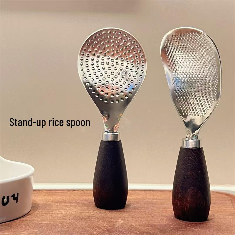 304 Stainless Steel Rice Spoon with Wooden Handle, Non-stick Hammered Texture Design for Kitchen Use