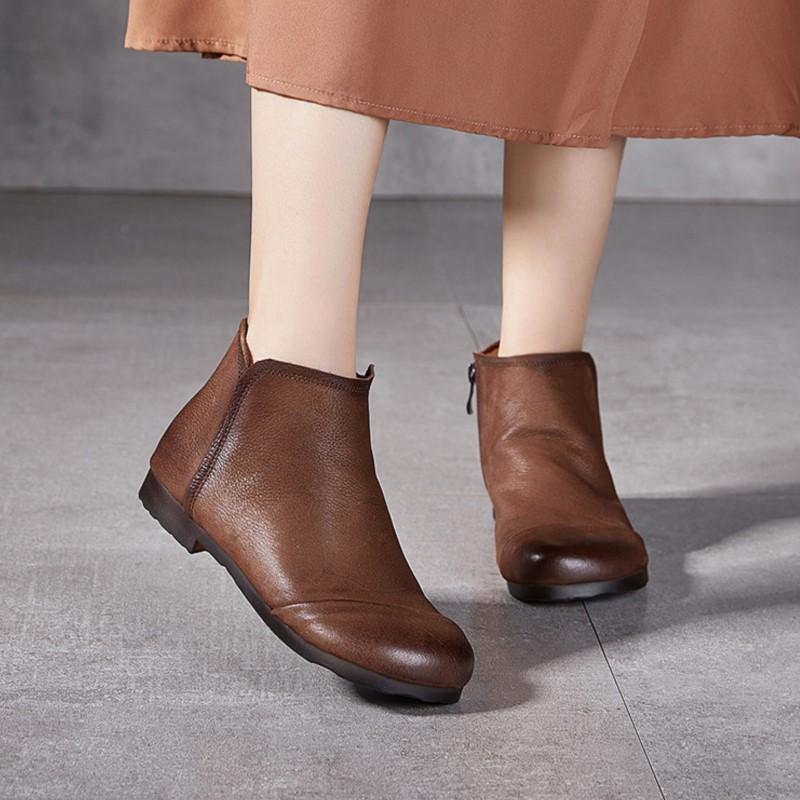 Johnature Ghete de gleznă retro Piele naturală Talpă moale Versatile Piele de vacă Pantofi de damă