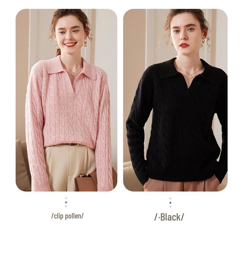 2023 Autumn Winter Women's Cashmere Polo Sweater: Versatile Retro Lapel Knit, Loose Cable Knit Base Layer