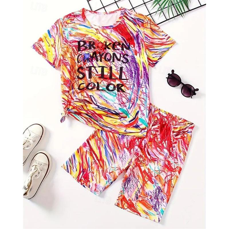 

Girls 3D Graphic Letter T-shirt & Shorts Set Short Sleeve Summer Spring Sports Fashion Daily Kids 4-12 Years 150cm