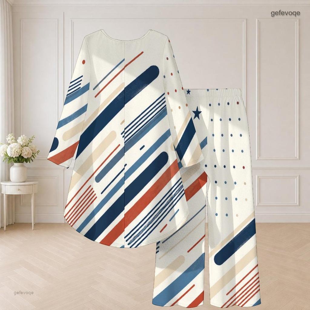 Women Plus Size Round Neck Long Sleeve Red Blue White Printed High Low Top Wide Leg Pants Two Piece Set