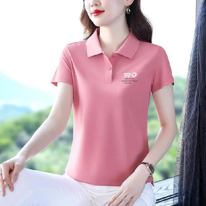 

Short-sleeved T-shirt for Women, Fashionable and Elegant in Summer, Polo Shirt for Mothers, Versatile Top, Lapel 5XL рожевий