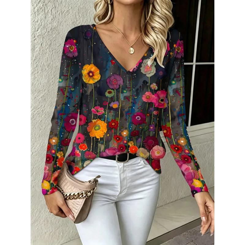 Fashion Women's V-Neck Long Sleeve 3D Animal Color Printing Casual Long Sleeve V-Neck T-Shirt