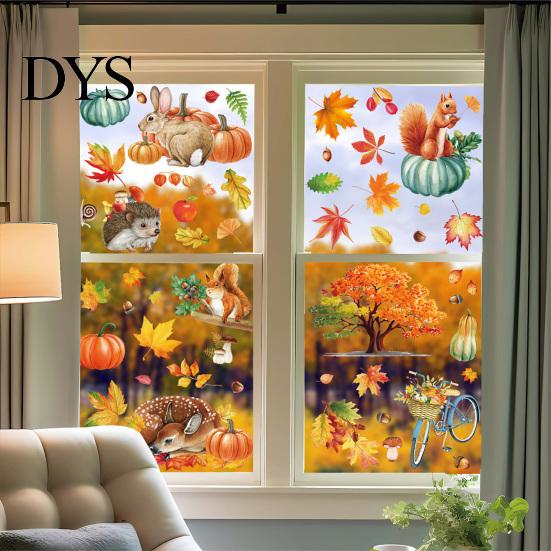 Forest Animal Window Clings for Kids 9PCS Autumn Clings, Thanksgiving Maple Leaf Pumpkin Stickers, Waterproof PVC Stickers Shop Windows Removable