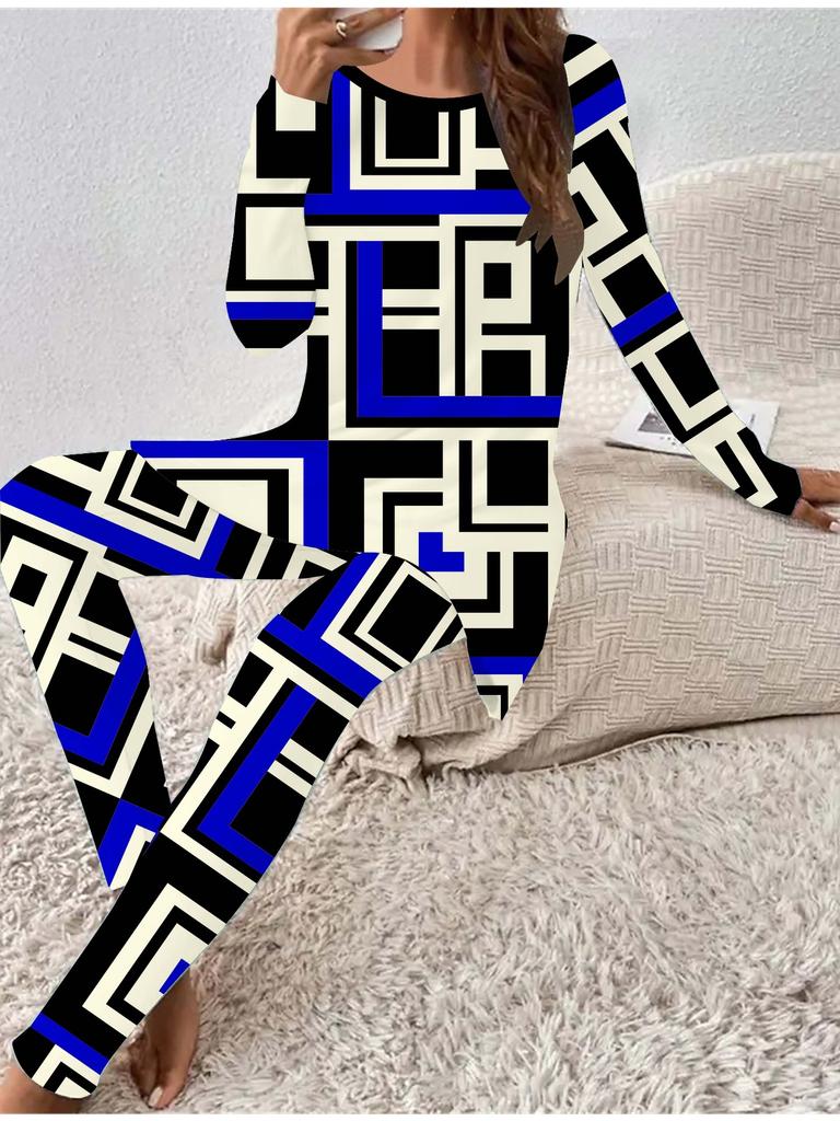 Euroamerikanische Mode 3D Geometrie Gedrucktes Damen Vier-Jahreszeiten Langarm T-Shirt + Lange Hose Zweiteiliges Set. Perfektes Geschenk für Neujahr & Weihnachten