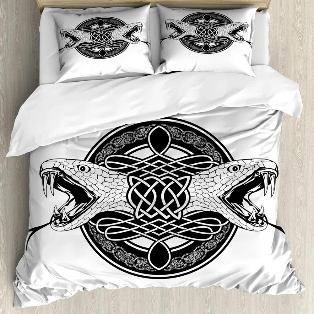 Viking Celtic Duvet Cover Set, Celtic Knot with Tridents Forest and Mountains Scandinavian Germanic Culture,Bedding Sets Decor
