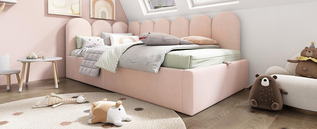 Letto Divano Imbottito 90x190 cm, Divano Letto con Contenitore Idraulico, Letto per Bambini con Rete a Doghe in Metallo, Velluto, Rosa, senza Materasso