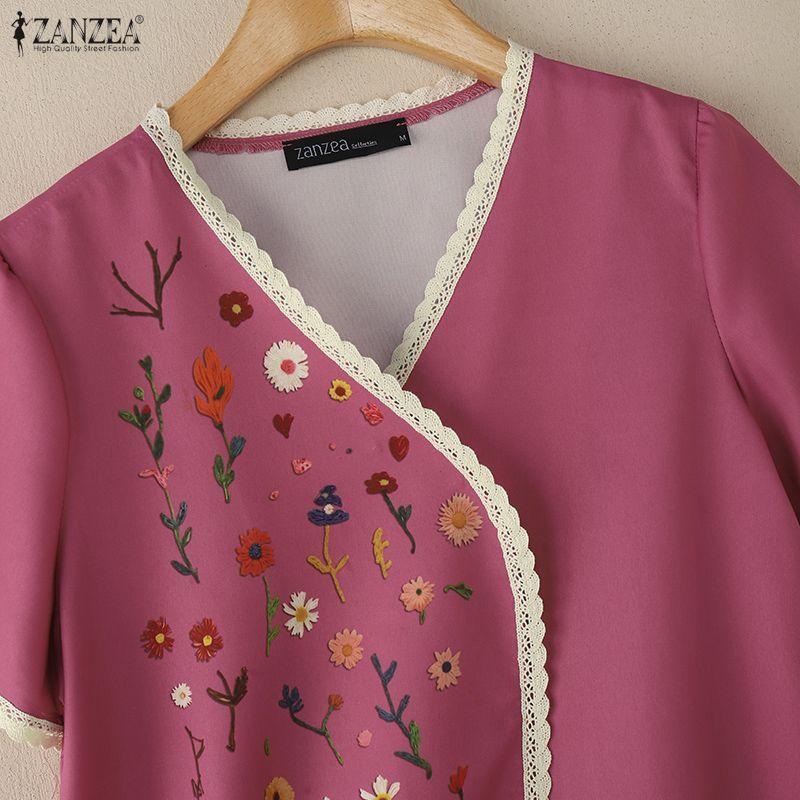 ZANZEA Women Casual V-Neck Short Sleeve Floral Print Blouse