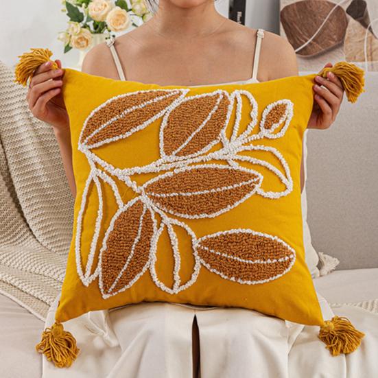 Embroidered Pillowcase Tufted Embroidery Cushion Cover with Tassels Cotton Linen Decorative Pillow