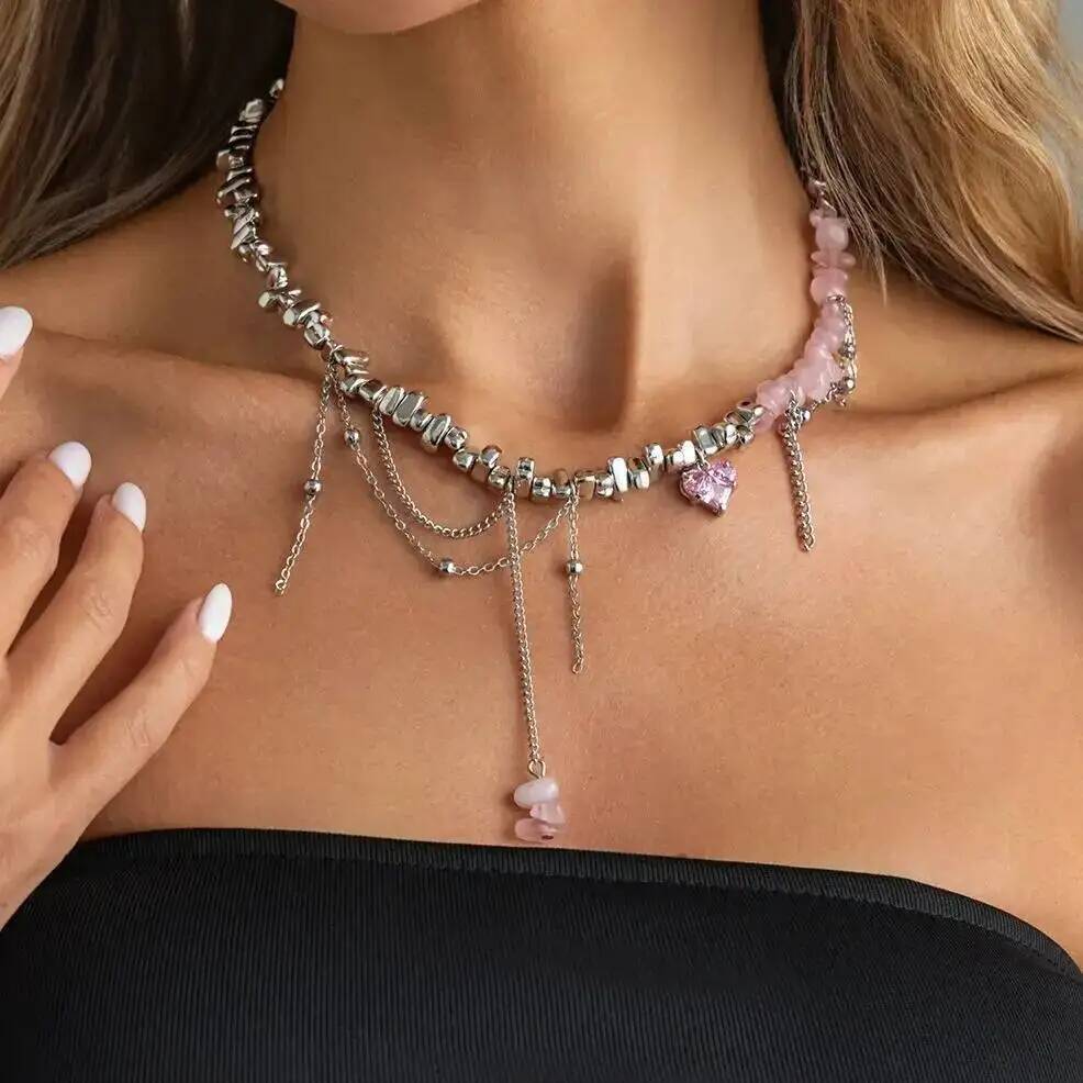 Salircon Cute Romantic Pink Irregular Acrylic Beads Pendant Choker Necklace Creative Adjustable Charm Clavicle Chain Jewelry New