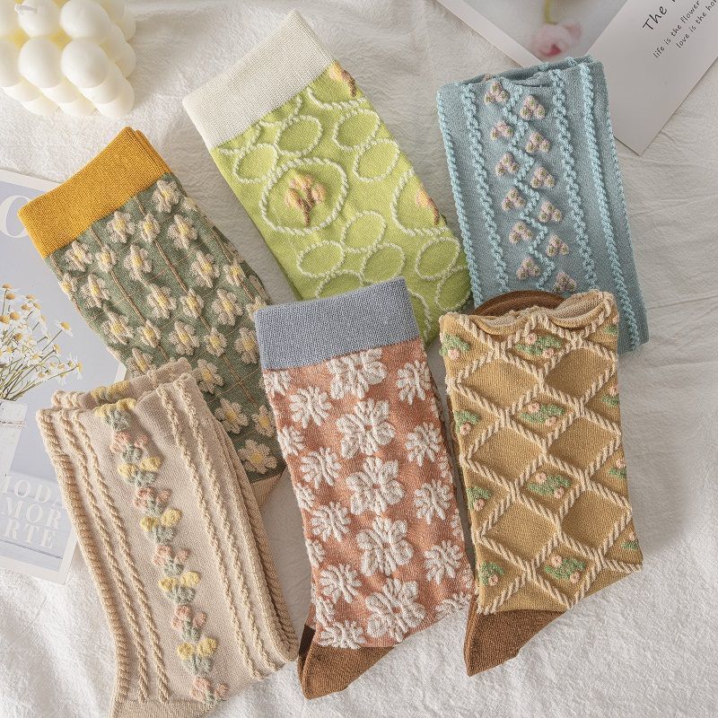 5 Pieces/white Floral Mid-tube Socks Women's Trendy Japanese Powder Fog Color Student Loli Spring Thin Section JK Socks Pink New