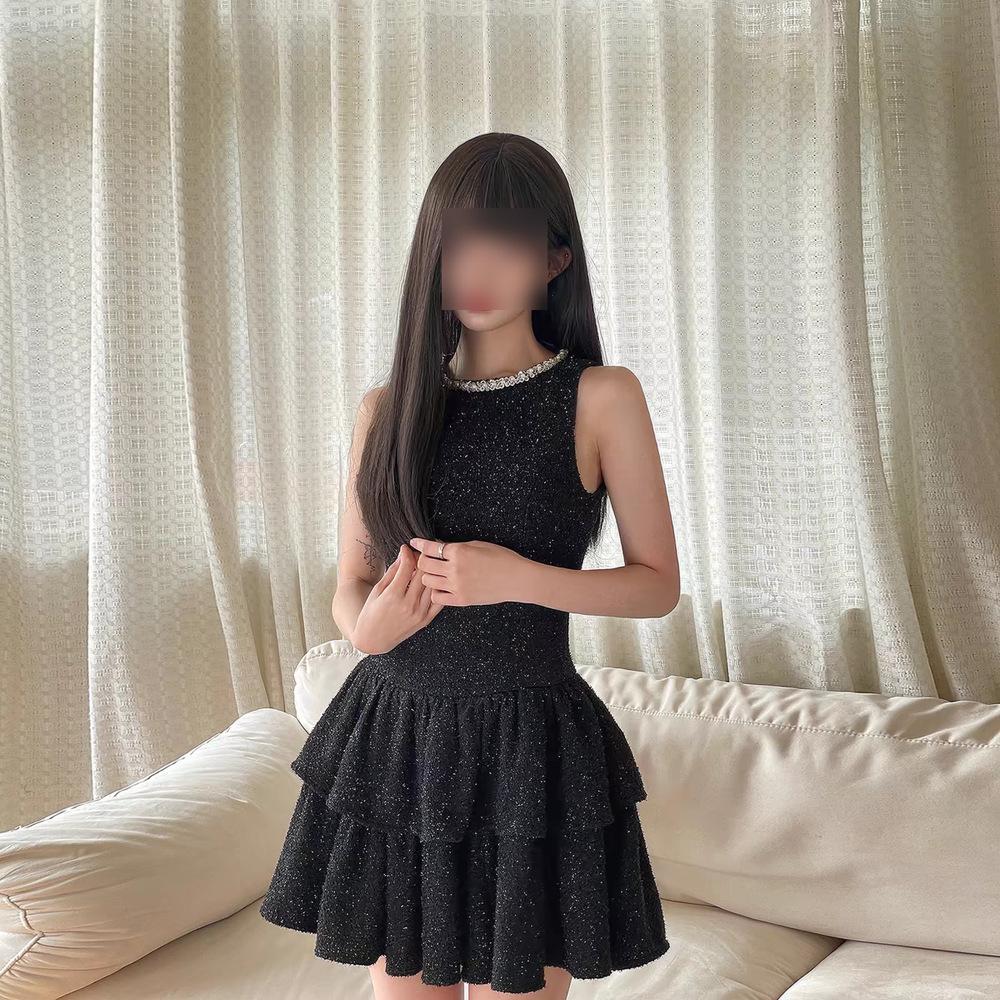 Hepburn Miu Series Daughter Gold Wind Diamond Collar Dress Women's Summer French Small Fragrance Celebrity Temperament Birthday Skirt