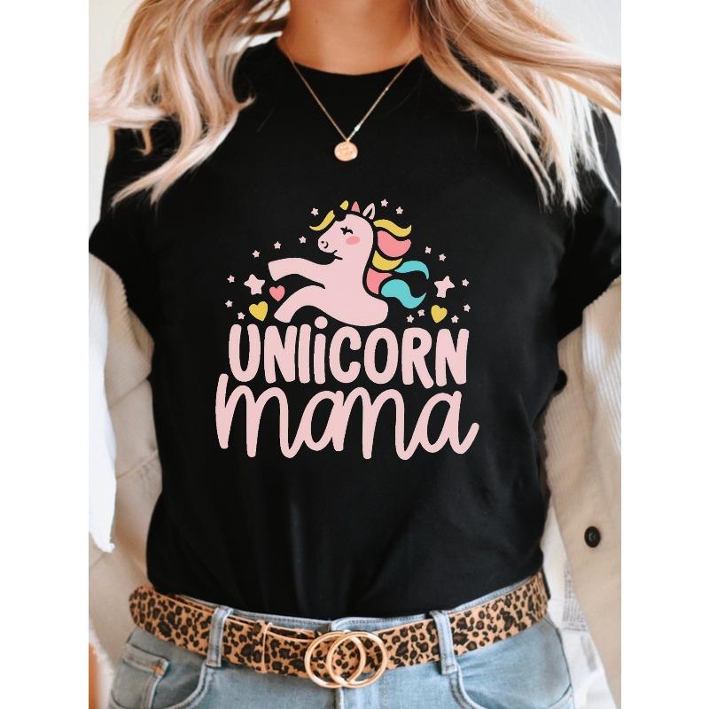 

European Size Casual Short-Sleeve Crew Neck T-Shirt Featuring Unicorn Mama Typography, Perfect for Spring And Summer, Designed for Women. 4XL чорний