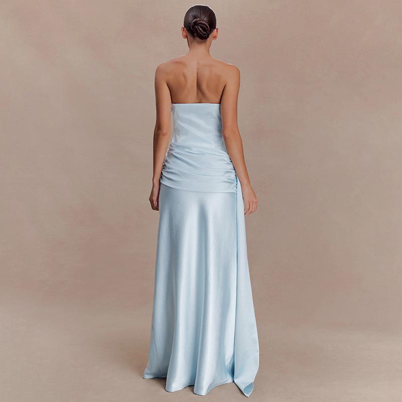 European and American women's clothing summer new satin tube top sexy halter pleated streamer dress hip dress