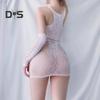 Ensemble de couverture de manches de chemise de nuit sexy évider dentelle élastique transparente maigre couleur unie douce ultra courte épaule dos nu séduisant pornographique
