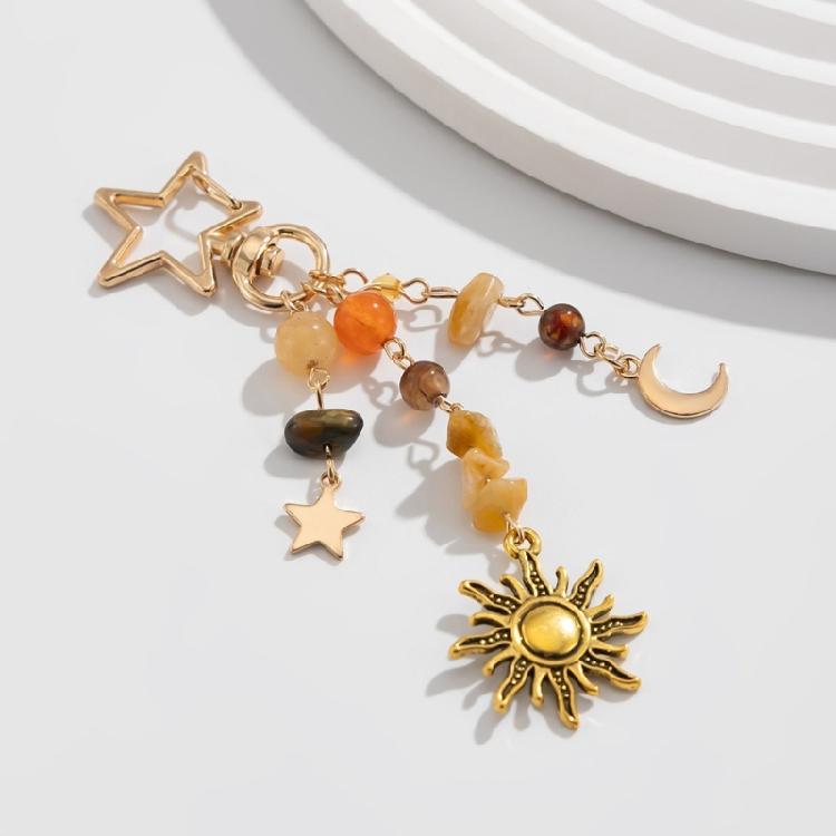 Fashionable Irregular Stone Keychain Colorful Beads Keyring with Stars Moon Sun Pendant Lightweight Key Accessory