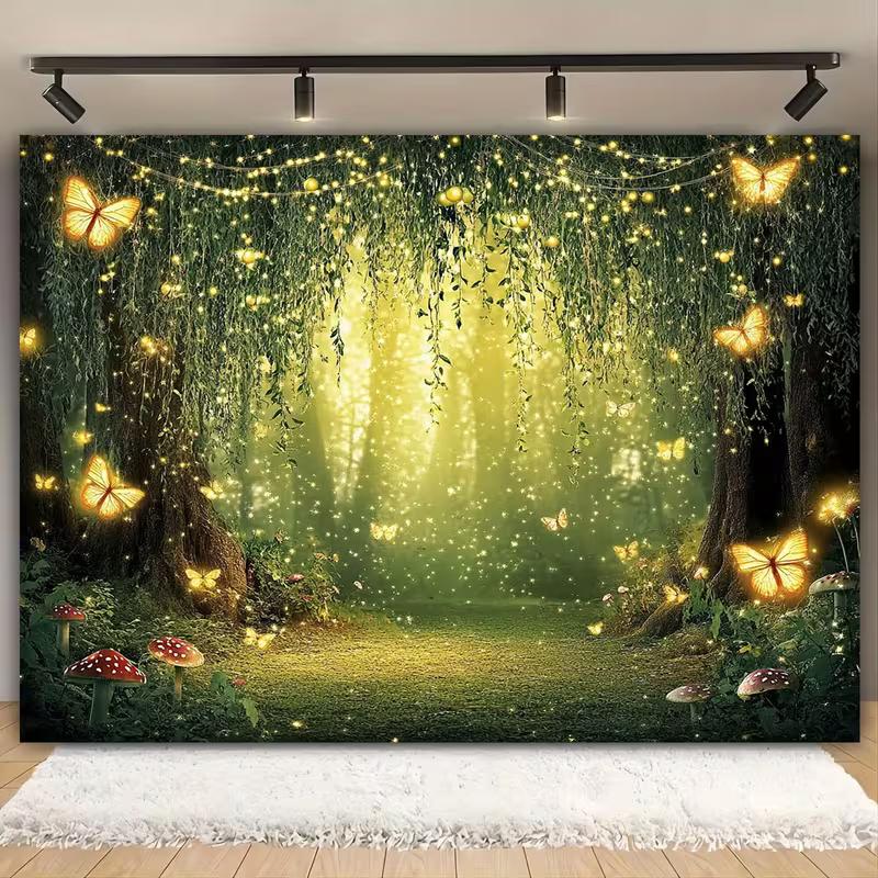 2D Magical Firefly Forest Tapestry, Glowing Wall Hanging