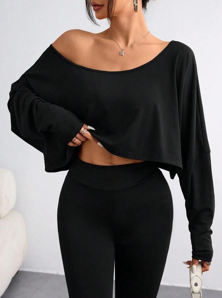 2026 Womens Off Shoulder Long Sleeve Crop Tops Sexy Boat Neck Loose Casual T Shirt