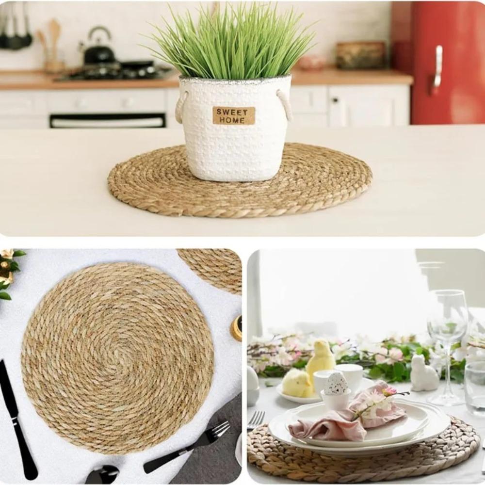 Round Handwoven Rattan Placemats Non-Slip Heat Resistant Heat Insulation Mats Natural Woven Table Mats Home Decoration